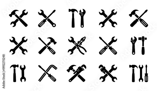 Industrial work tool icons set, black silhouette hardware equipment symbols, 15 vector repair and construction tool elements for maintenance service