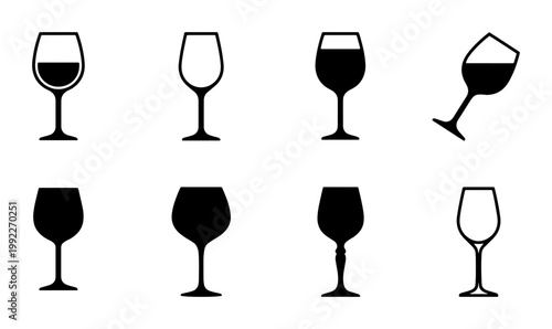 Minimalist wine glass icon set, black silhouette wineglass vector collection, 8 elegant glassware symbols for restaurant menu and bar branding