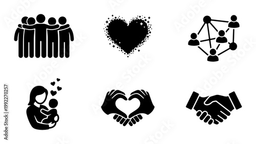 Community and friendship icon set, black silhouette social connection symbols, 6 vector elements for charity and relationship concepts