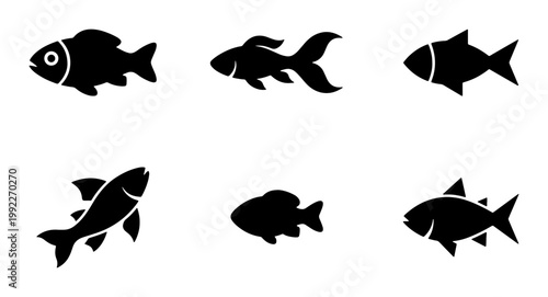 Minimalist fish silhouette icons, set of 6 black aquatic animal symbols, flat vector sea life illustrations for fishing and seafood logos