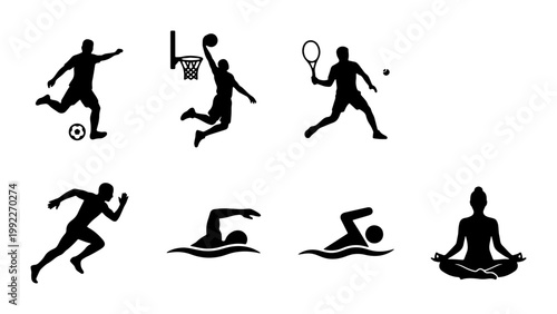 Athletic sports silhouettes set, black icons of soccer basketball tennis and running, swimming and yoga vector elements for fitness design