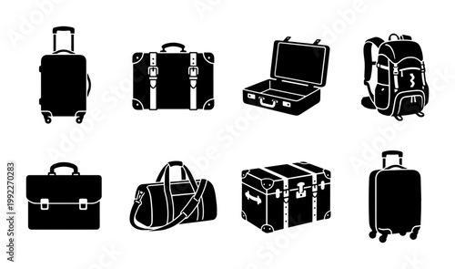 Travel luggage icon set, black silhouette suitcase and backpack collection, 8 vector bag elements for tourism and business trip planning