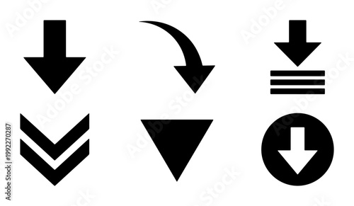 Black arrow icon set, minimalist downward pointing arrows for navigation, collection of 6 vector symbols for download and scrolling