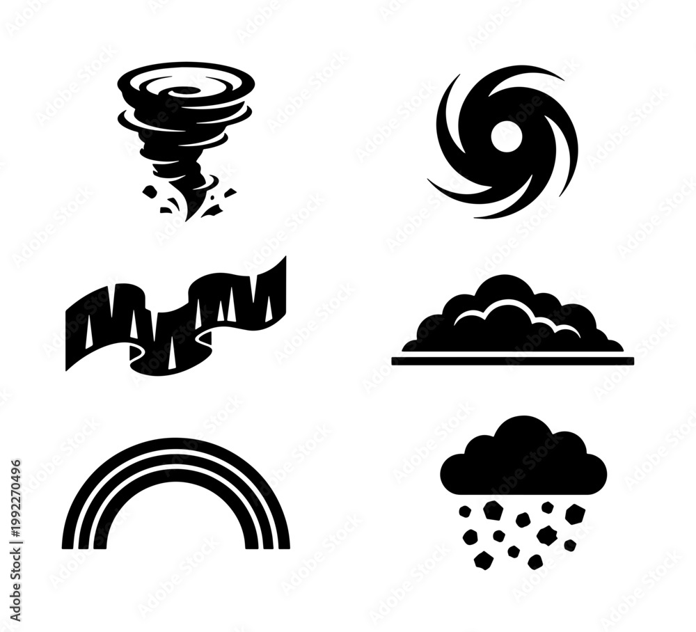 Naklejka premium Extreme weather icons set, black tornado and hurricane symbols, rainbow and storm cloud vector illustrations, aurora borealis and hail icons