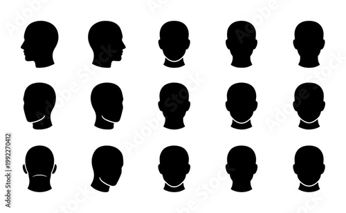 Human head silhouette collection with 15 icons, male profile and front view headshots, black manikin head vector set for medical and fashion design