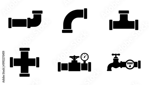 Industrial plumbing pipe icons set, black silhouette water pipeline fittings and valves, 6 vector elements for construction and engineering