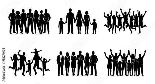 People silhouette collection, diverse family and business group silhouettes, jumping crowd and standing community vector set, black human figures