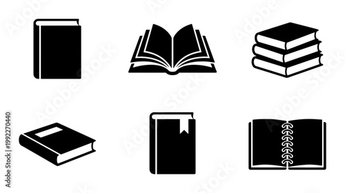 Minimalist book icon set, black and white library symbols, collection of 6 educational vector elements for reading and literature
