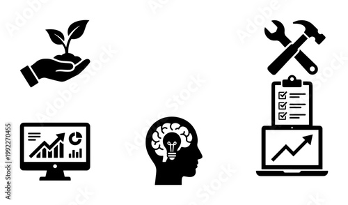 Business management icons set, professional development and growth symbols, data analysis and strategy vector elements, black flat icons for corporate success