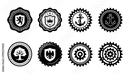 Vintage heraldic badges and nautical stamps set, 8 black and white vector icons, classic seal designs with lion crown anchor and eagle motifs