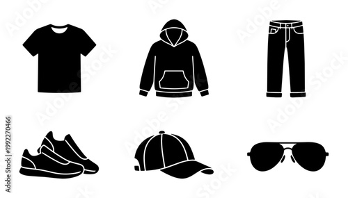 Minimalist clothing icons set, black silhouette apparel vector elements, casual fashion outfit symbols for retail and e-commerce web design