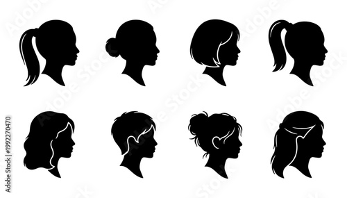 Woman profile silhouette set with various hairstyles, female head side view icons, 8 black vector girl portraits for beauty and salon branding