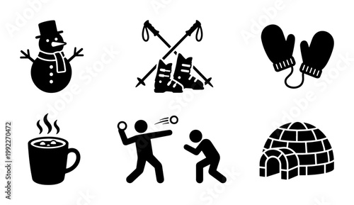 Winter activity icon set, black silhouette winter sports symbols, collection of 6 seasonal vector elements for holiday travel and outdoor recreation