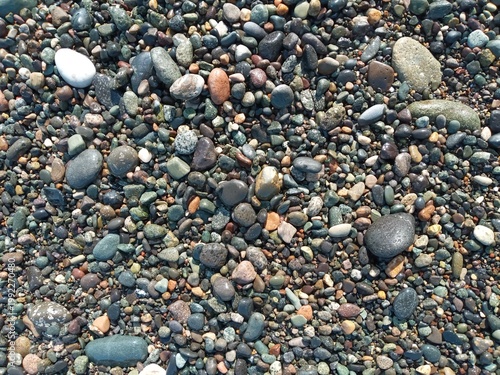 Canvas Print Top view background texture of natural colorful wet river stones and pebbles