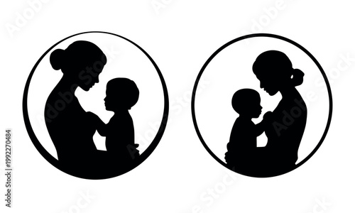 Mother and baby silhouette icons, breastfeeding mother and infant vector set, maternal care and newborn bonding symbols, black and white family graphics