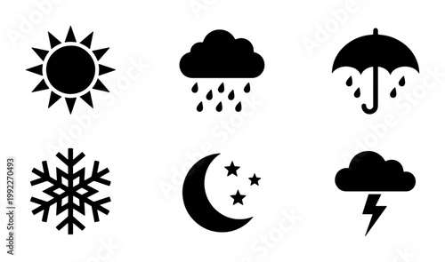 Minimalist weather icon set with 6 black vector symbols, meteorology forecast signs for sun rain and snow, flat climate interface elements