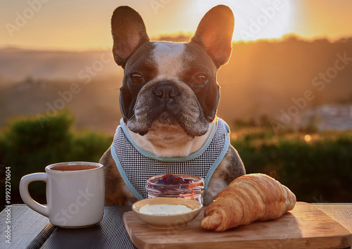 Bulldog francés desayunando café y croissant