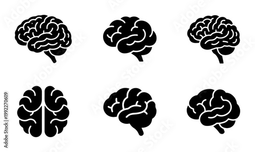 Human brain icon set with 6 vector elements, black silhouette brain symbols for medical and psychological research, anatomical brain profile and top view