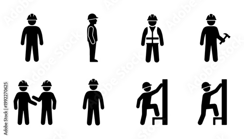 Construction worker icon set, industrial builder pictograms wearing hard hats, professional contractor silhouettes for site safety and labor