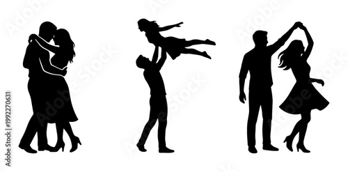 Romantic dancing couple silhouettes set, black vector figures of man and woman in dance poses, elegant ballroom and salsa dancers collection