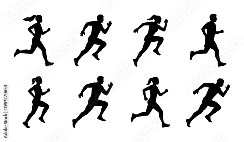 Running silhouettes set of 8 male and female joggers, black athletic people sprinting vector icons, fitness and marathon training collection