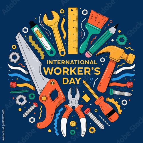 International Worker's Day celebration with various colorful tools and equipment arranged in a circle on a blue background with text
