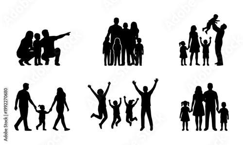 Family silhouette vector set, happy parents and children group collection, black people figures in various poses, diverse family life icons