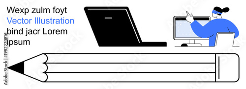 Remote work, education, technology, creative tasks, workplace setup, digital learning. a laptop, a person with a computer and a large pencil. Remote work and education