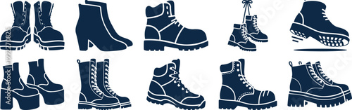 A collection of various boot styles including work boots and fashion boots in a graphic style. silhouette vector illustration