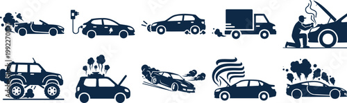 Collection of automotive icons depicting car crashes breakdowns and maintenance services silhouette vector illustration