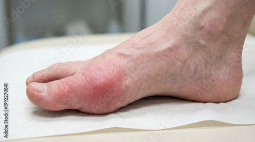 Close-up of a painful, swollen, red big toe joint, a classic symptom of gouty arthritis