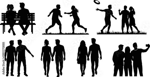 set of black silhouettes of people in various social and recreational activities