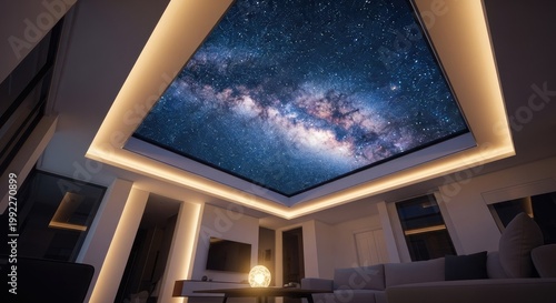 Room with illuminated ceiling displaying a starry night sky abstract concept