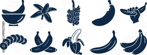 Collection of dark blue and black banana icons including bunches, slices, and peeled fruit. silhouette vector illustration
