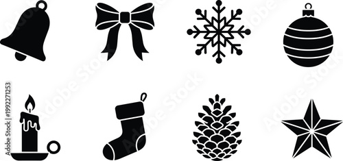 Set of black Christmas holiday icons featuring bell ribbon snowflake ornament candle stocking pine cone and star silhouettes for winter festive celebration and seasonal graphic design elements