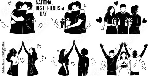 National Best Friends Day illustrations of people hugging and giving gifts