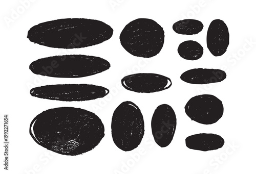Set of Hand Drawn Distressed Black Circle and Oval Grunge Shapes
