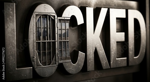 Locked Door with Open Window and Prison Bars, Metal Text