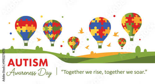 Autism Awareness Day, colorful hot air balloons, puzzle pieces, autism acceptance, awareness ribbon