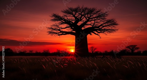 Silhouette of Baobab Tree at Dramatic African Sunset with Fiery Sky