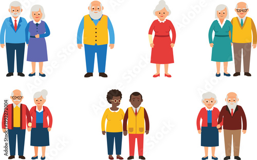 Senior people vector set with elderly couples and individuals, diverse old men and women characters in flat cartoon style illustration collection