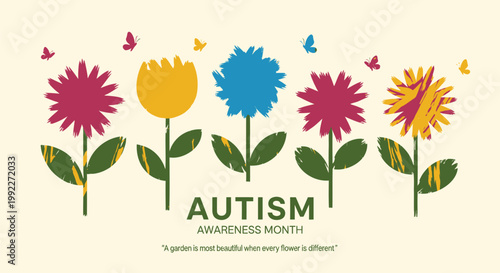 Autism awareness month, colorful flowers, garden illustration, autism support, mental health vector