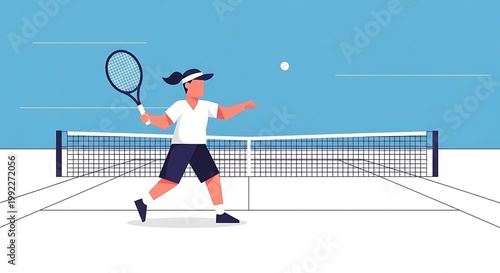Young girl playing tennis on court, hitting ball with racket, sports illustration