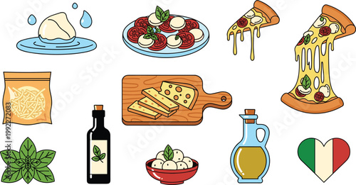 Fresh Italian Mozzarella Cheese and Pizza Vector Illustration Set Featuring Caprese Salad, Pizza Slices, Olive Oil, and Basil for Culinary and Restaurant Menu Designs