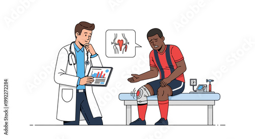 Doctor consulting injured soccer player with knee pain illustration