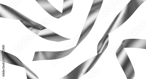 A collection of silver ribbons flowing in different directions, showcasing their shiny, metallic texture and smooth curves, set against a pure white background., Transparent PNG