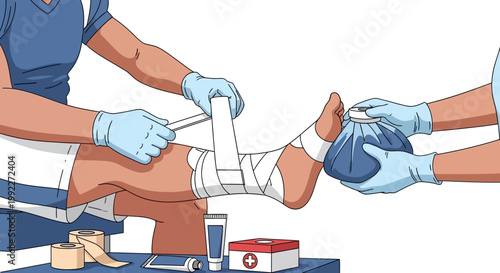 Medical professionals bandaging injured foot with ice pack in clinic