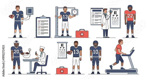 Vector illustration of football players undergoing medical checkup