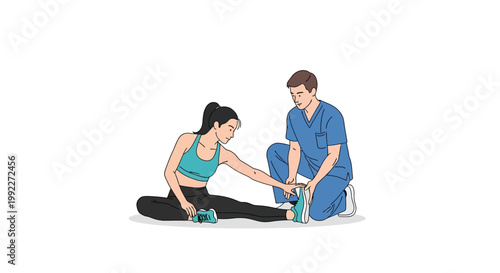 Physical therapist assisting woman with leg stretch exercise