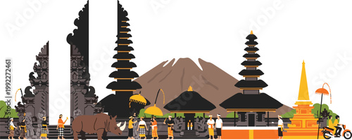 Bali Indonesia temple festival vector illustration with traditional Balinese people, pagoda, gates, mountain and cultural ceremony scene in flat style